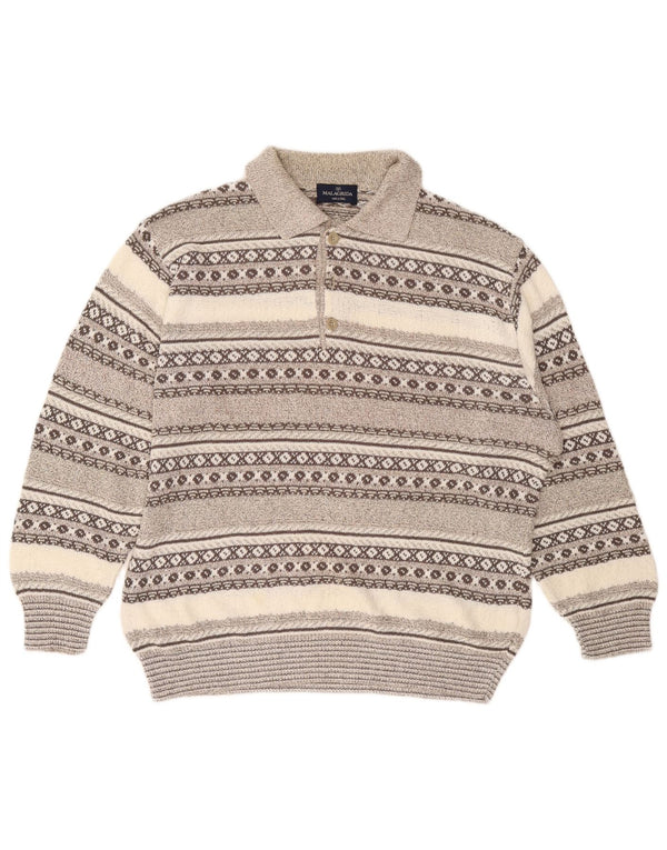 Malagrida Mens Polo Neck Jumper Sweater Large Grey Fair Isle Cotton