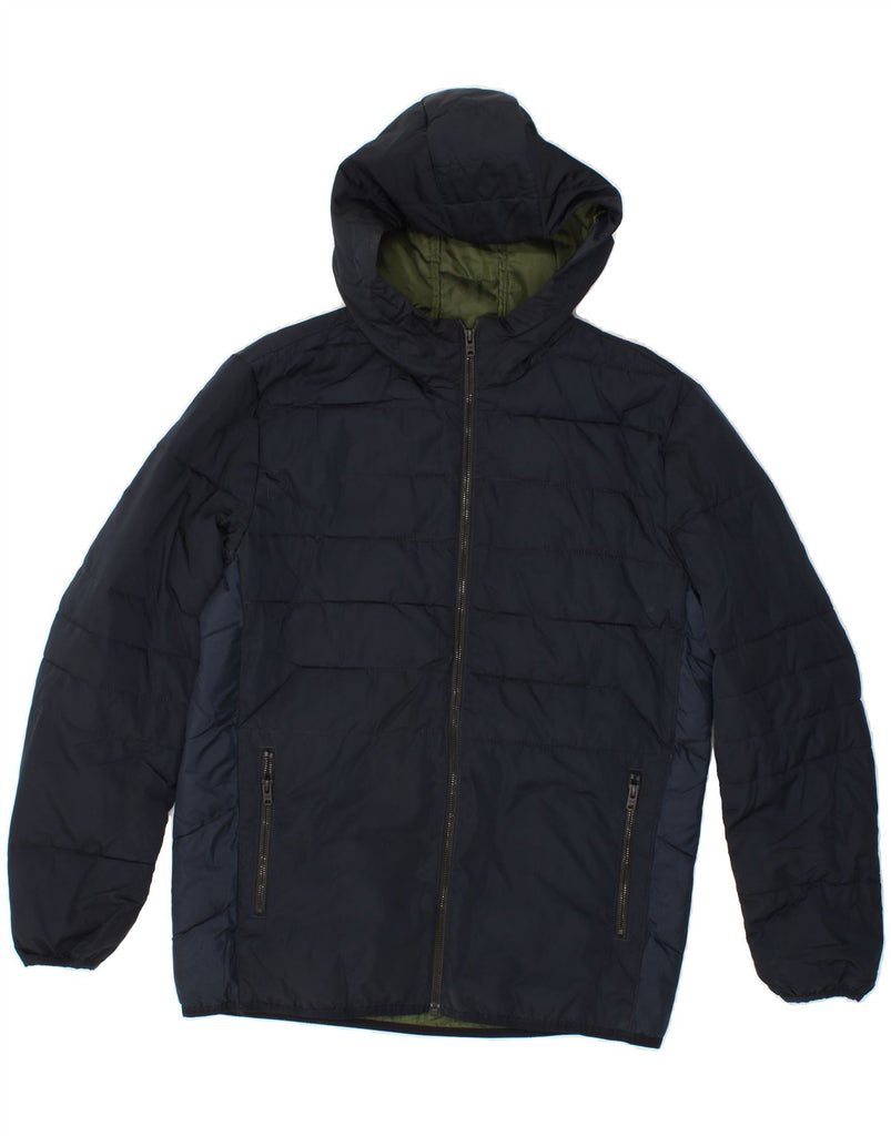 JACK & JONES Mens Hooded Padded Jacket UK 40 Large Navy Blue Colourblock Vintage Jack & Jones and Second-Hand Jack & Jones from Messina Hembry 