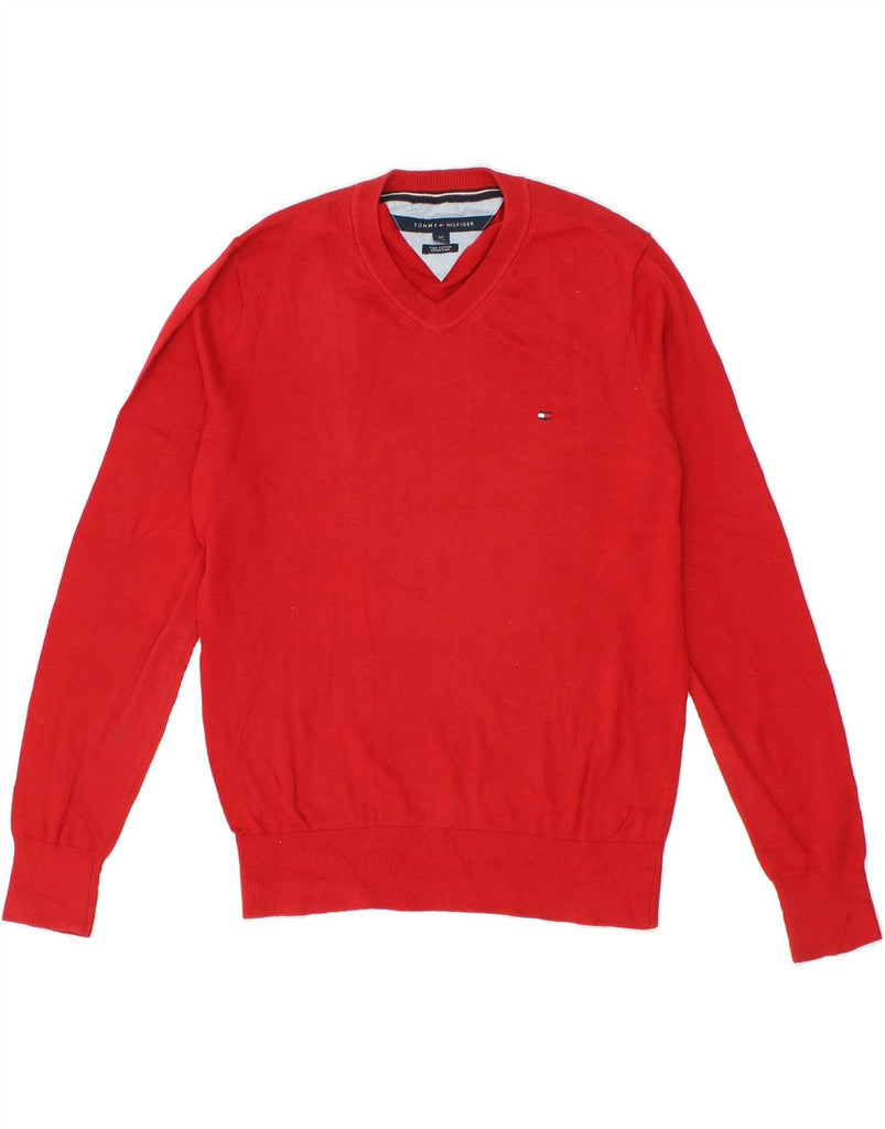 TOMMY HILFIGER Mens V-Neck Jumper Sweater Small Red Cotton | Vintage Tommy Hilfiger | Thrift | Second-Hand Tommy Hilfiger | Used Clothing | Messina Hembry 