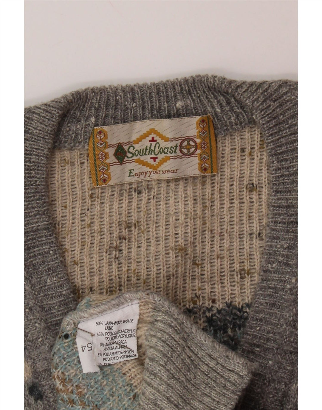 SOUTH COAST Mens V-Neck Jumper Sweater IT 54 XL Grey Fair Isle Wool