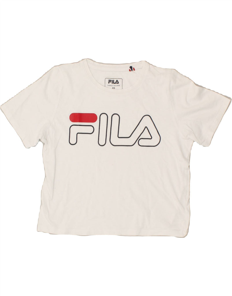 FILA Womens Crop Graphic T-Shirt Top UK 6 XS White | Vintage Fila | Thrift | Second-Hand Fila | Used Clothing | Messina Hembry 