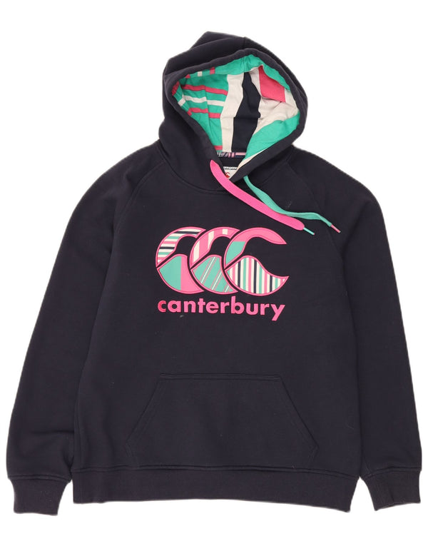 CANTERBURY Womens Graphic Hoodie Jumper UK 12 Medium Navy Blue Cotton