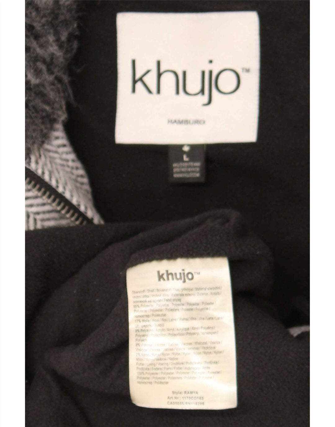 KHUJO Womens Hooded Parka Jacket UK 14 Large Grey Herringbone Polyester