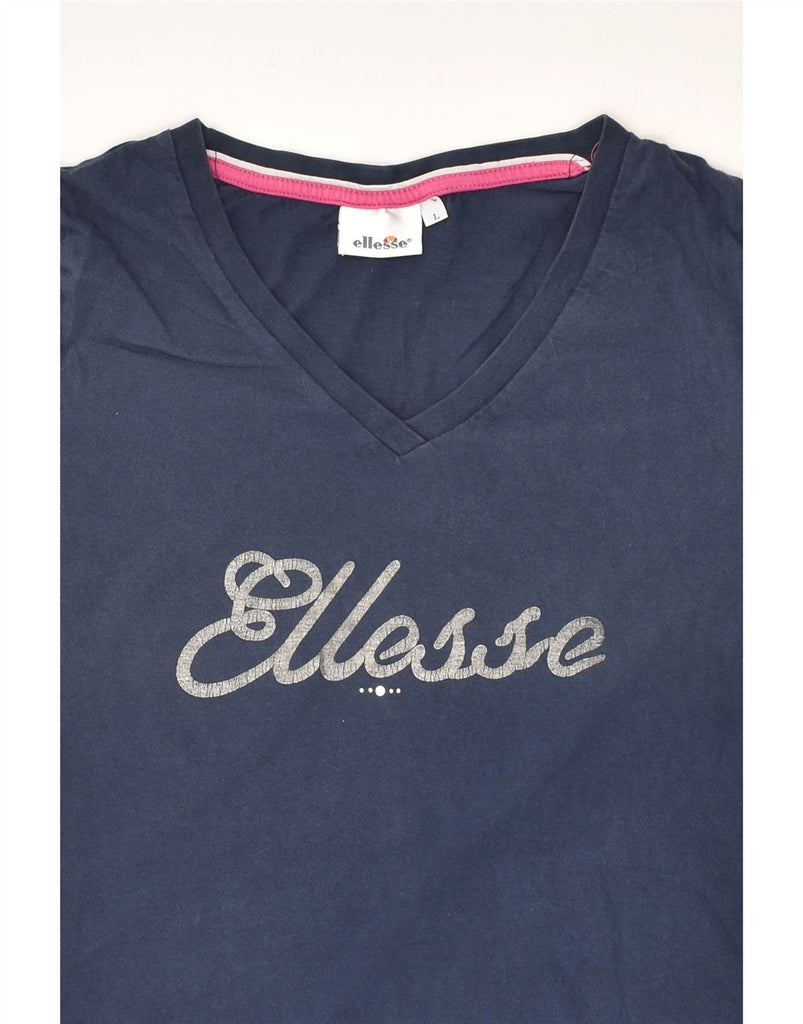 ELLESSE Womens Graphic T-Shirt Top UK 14 Large Navy Blue Cotton | Vintage Ellesse | Thrift | Second-Hand Ellesse | Used Clothing | Messina Hembry 