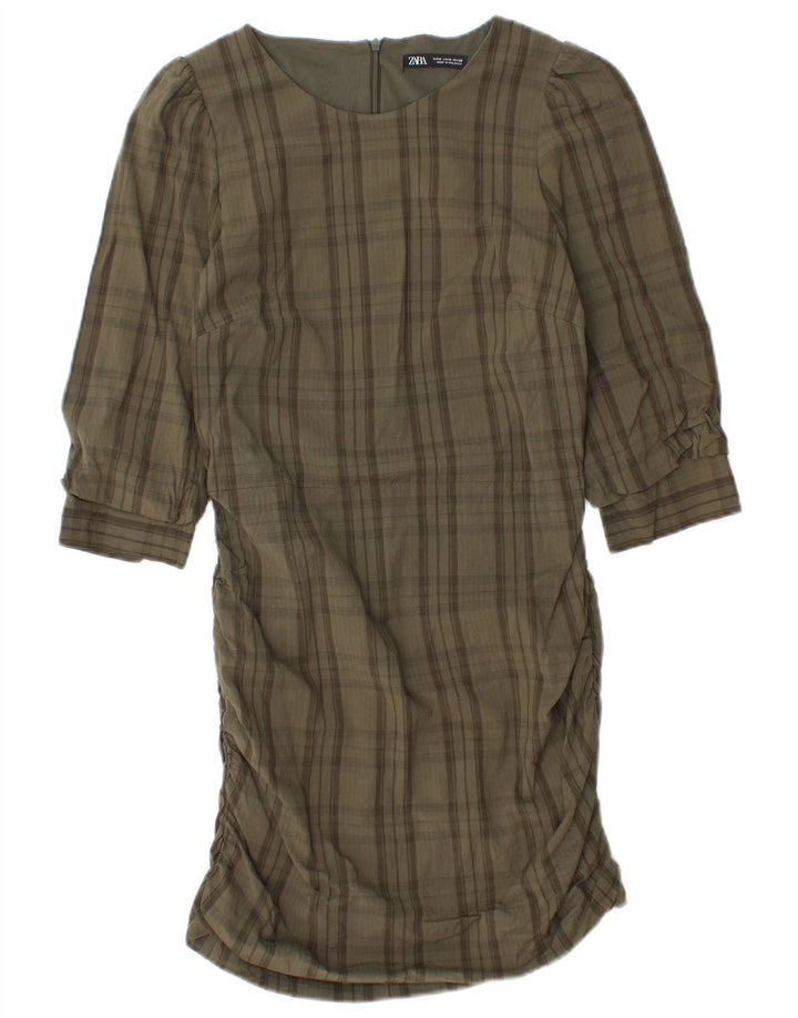 Zara Womens 3/4 Sleeve Shift Dress UK 12 Medium Khaki Check Viscose