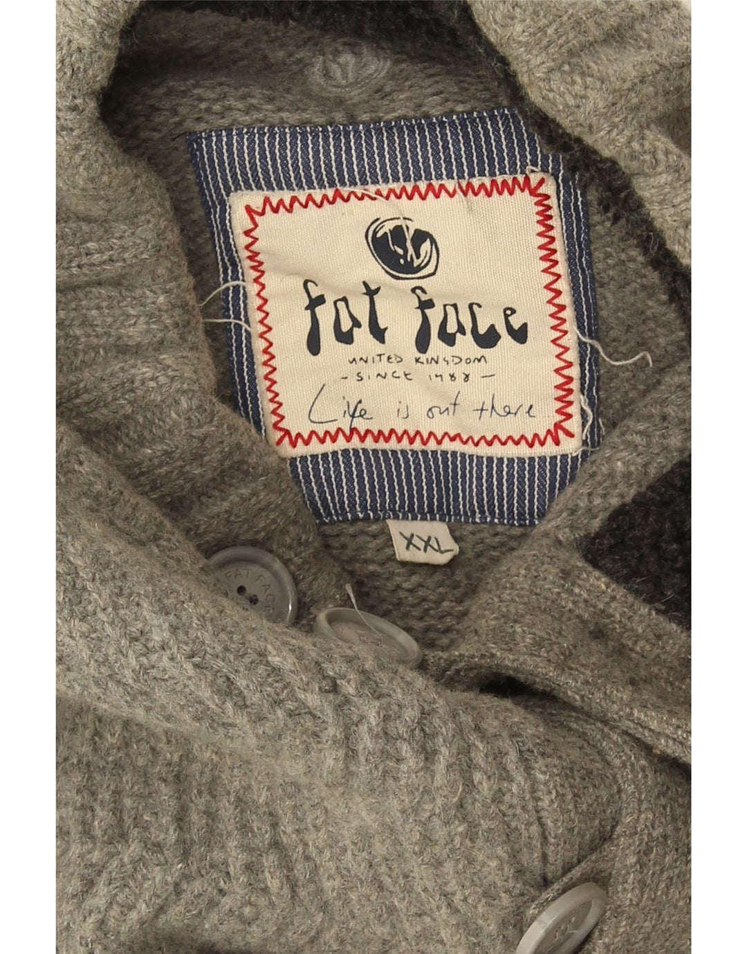 FAT FACE Mens Button Neck Jumper Sweater 2XL Grey Herringbone Wool