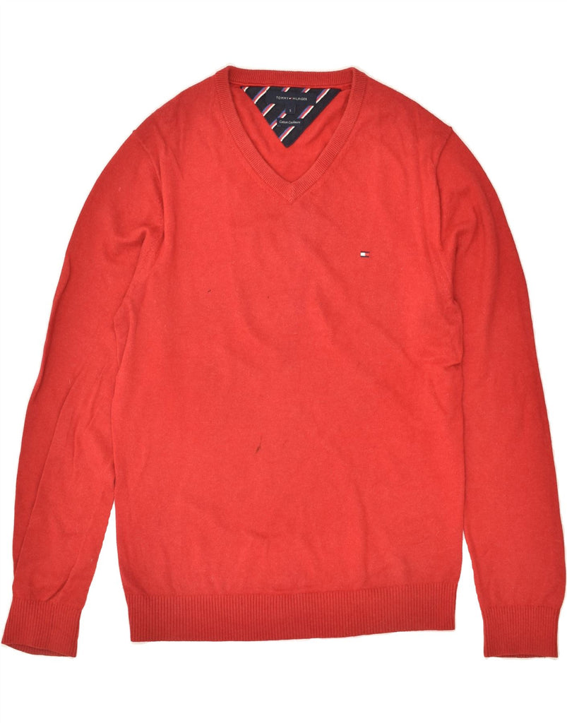 TOMMY HILFIGER Mens V-Neck Jumper Sweater Small Red Cotton | Vintage Tommy Hilfiger | Thrift | Second-Hand Tommy Hilfiger | Used Clothing | Messina Hembry 