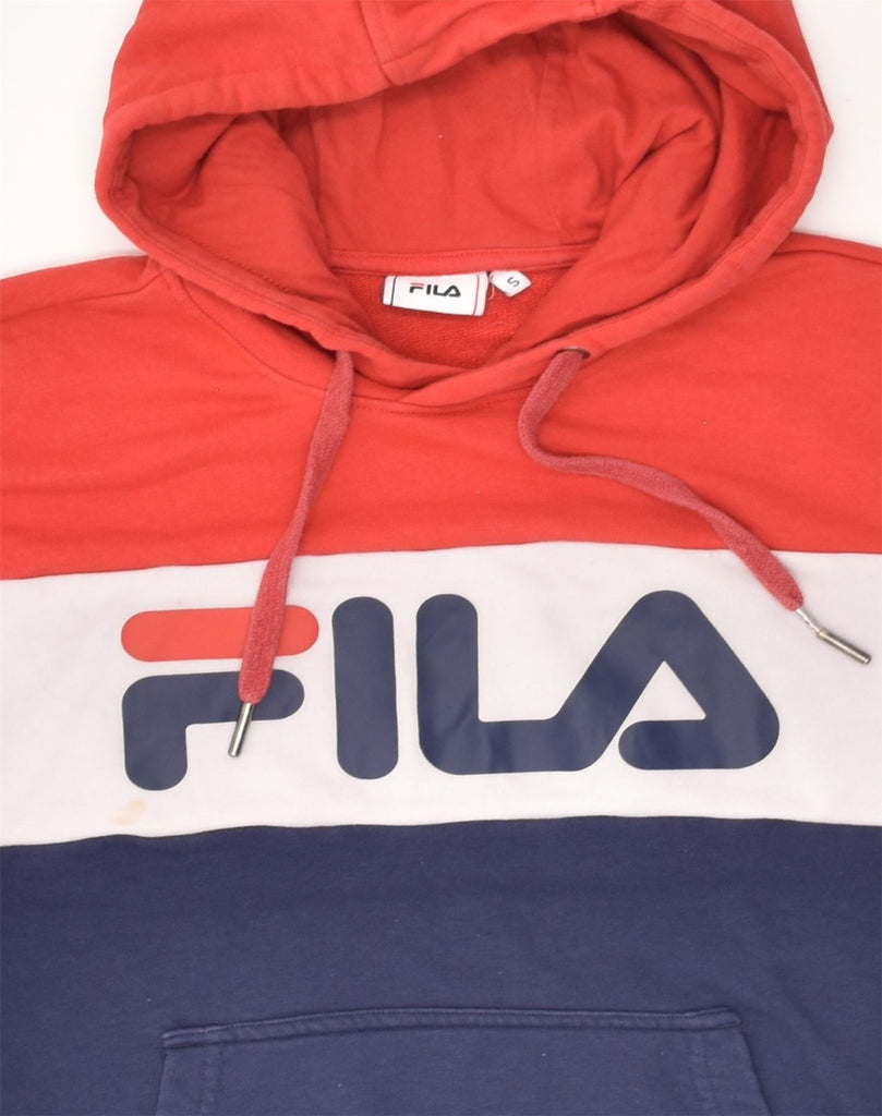 FILA Womens Graphic Hoodie Jumper UK 10 Small Navy Blue Colourblock Cotton | Vintage Fila | Thrift | Second-Hand Fila | Used Clothing | Messina Hembry 