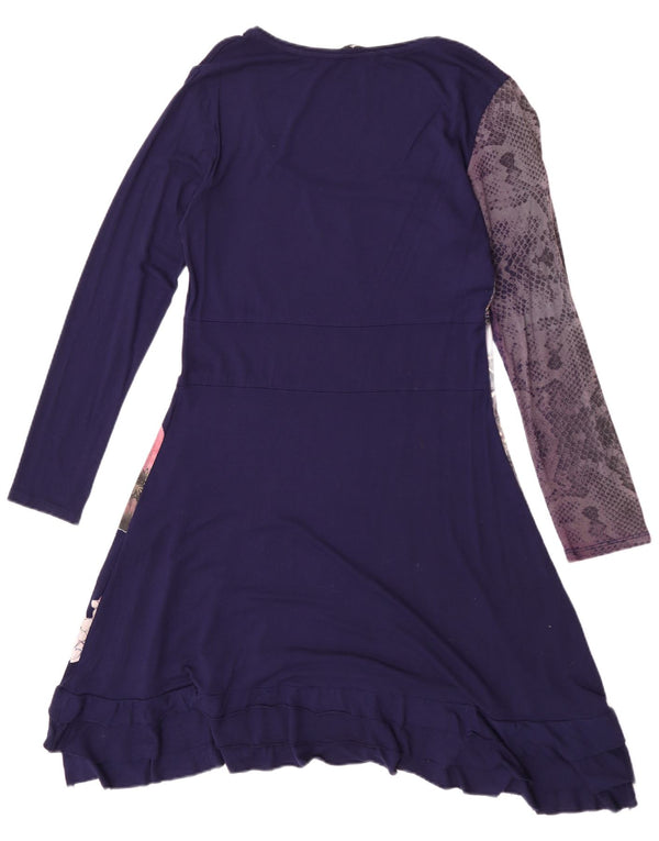 Desigual Womens Graphic Long Sleeve A-Line Dress UK 18 XL Navy Blue Floral