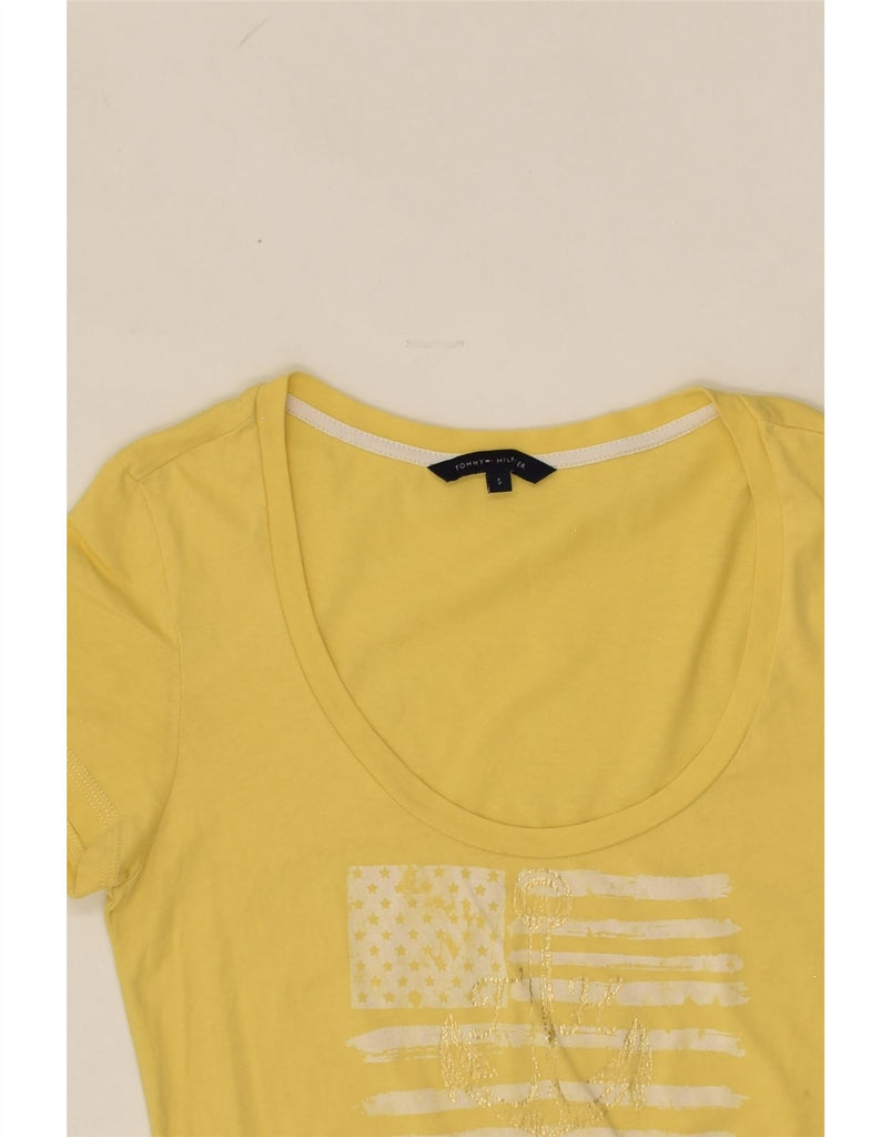 TOMMY HILFIGER Womens Graphic T-Shirt Top UK 8 Small Yellow | Vintage Tommy Hilfiger | Thrift | Second-Hand Tommy Hilfiger | Used Clothing | Messina Hembry 