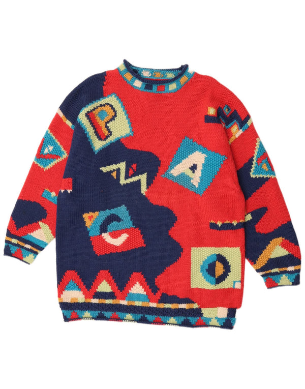 Vintage Womens Turtle Neck Jumper Sweater UK 16 Large Red Geometric Novelty