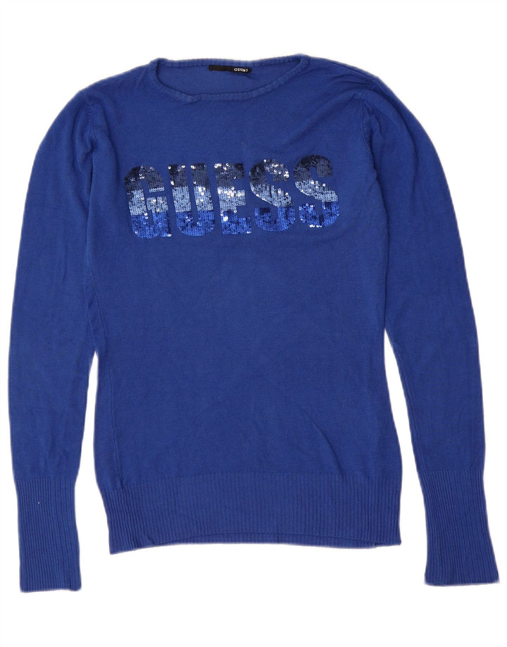 GUESS Womens Graphic Boat Neck Jumper Sweater UK 12 Medium Blue Viscose