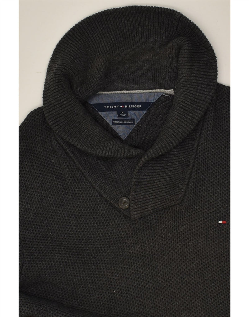 TOMMY HILFIGER Mens Shawl Neck Jumper Sweater Large Grey Cotton | Vintage Tommy Hilfiger | Thrift | Second-Hand Tommy Hilfiger | Used Clothing | Messina Hembry 