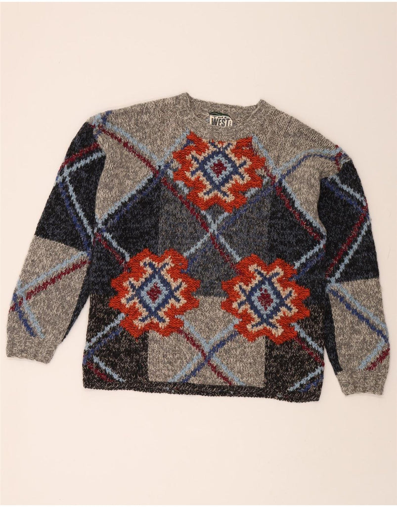 THE WEST END Mens Crew Neck Jumper Sweater Large Grey Colourblock Wool Vintage The West End and Second-Hand The West End from Messina Hembry 