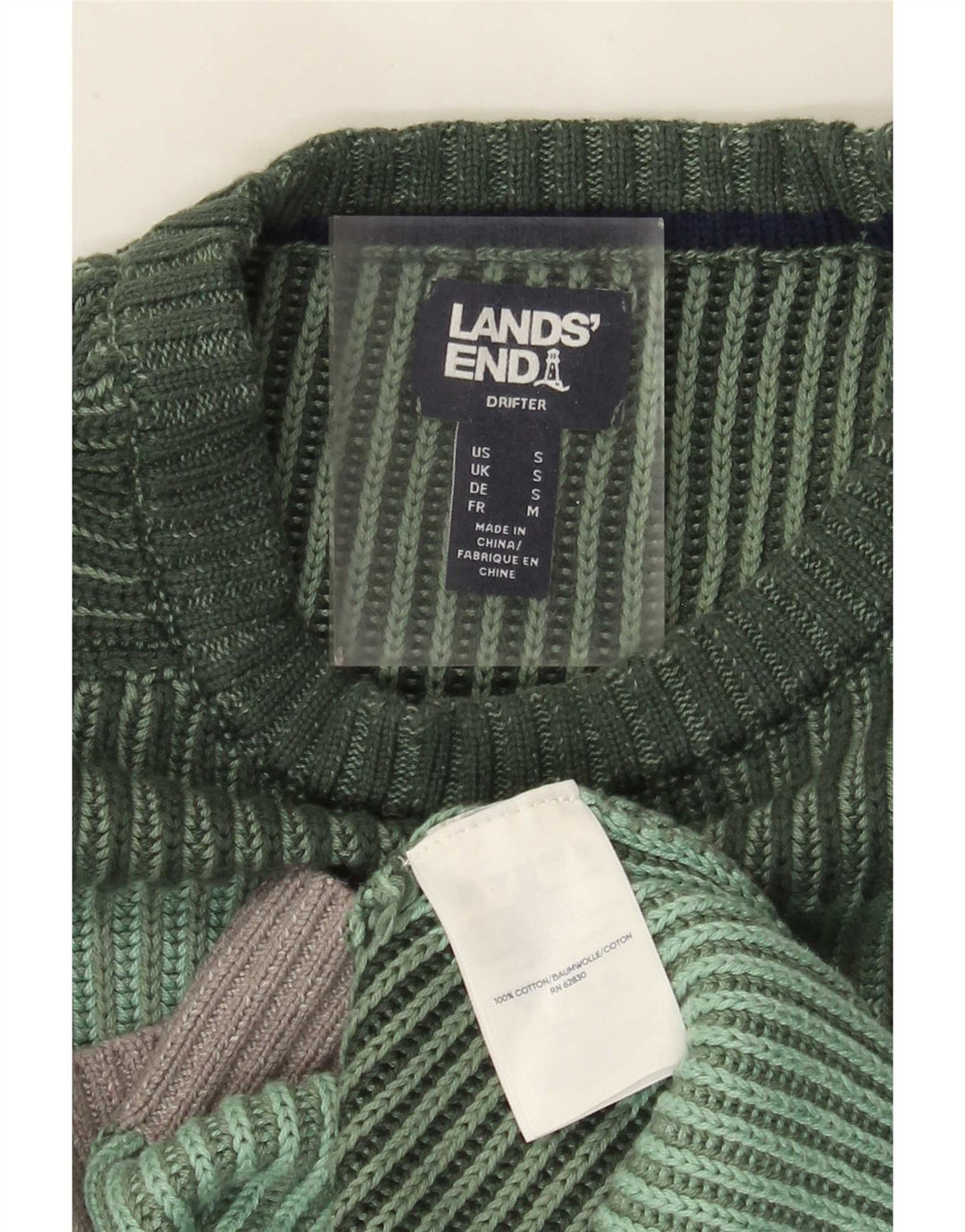 Lands End Mens Crew Neck Jumper Sweater Small Green Striped Cotton