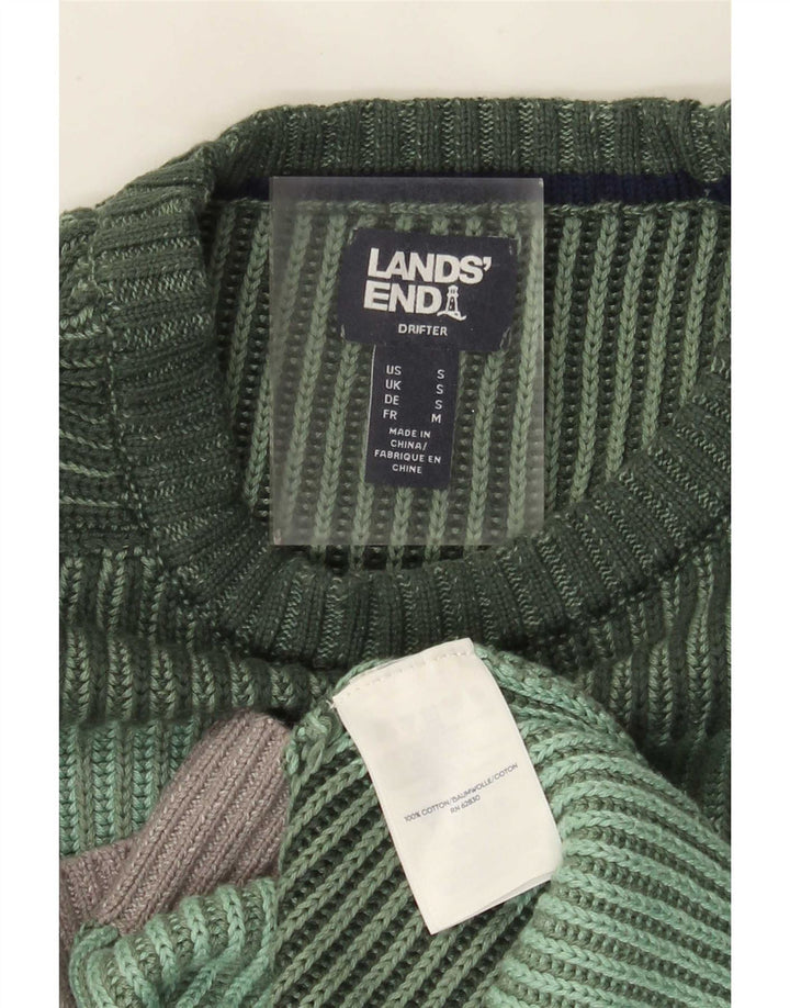 Lands End Mens Crew Neck Jumper Sweater Small Green Striped Cotton