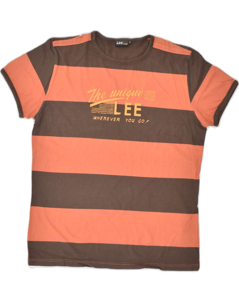 LEE Womens Graphic T-Shirt Top UK 18 XL Brown Striped Cotton Classic | Vintage | Thrift | Second-Hand | Used Clothing | Messina Hembry 