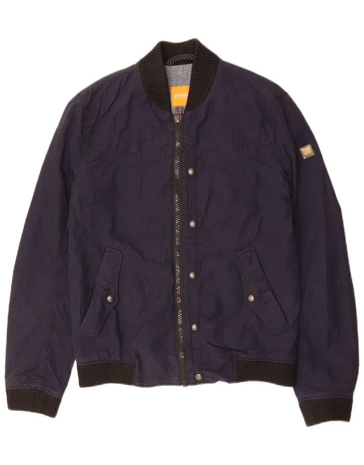 Hugo Boss Mens Bomber Jacket EU 46 Small Navy Blue Cotton
