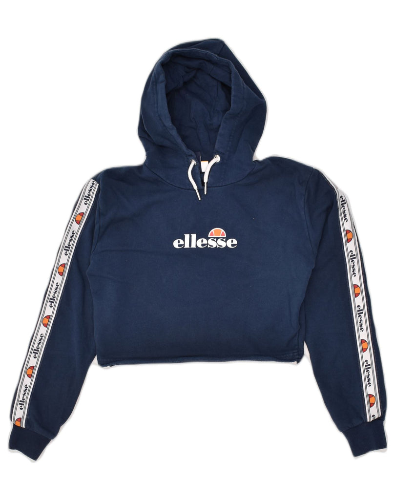 ELLESSE Womens Graphic Crop Hoodie Jumper UK 6 XS Navy Blue Cotton | Vintage Ellesse | Thrift | Second-Hand Ellesse | Used Clothing | Messina Hembry 