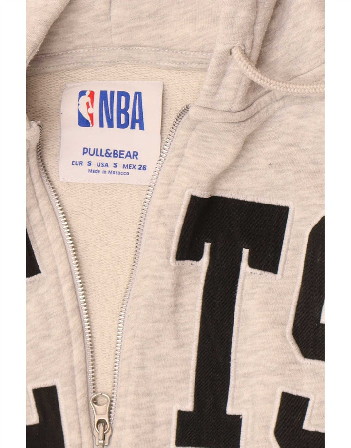 Pull & Bear Womens Crop Graphic Zip Hoodie Sweater UK 10 Small Grey Flecked