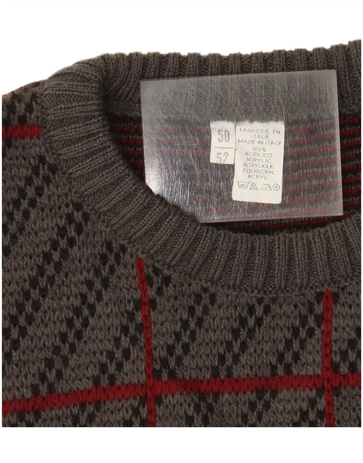 Vintage Mens Crew Neck Jumper Sweater IT 50 Medium Grey Plaid Acrylic
