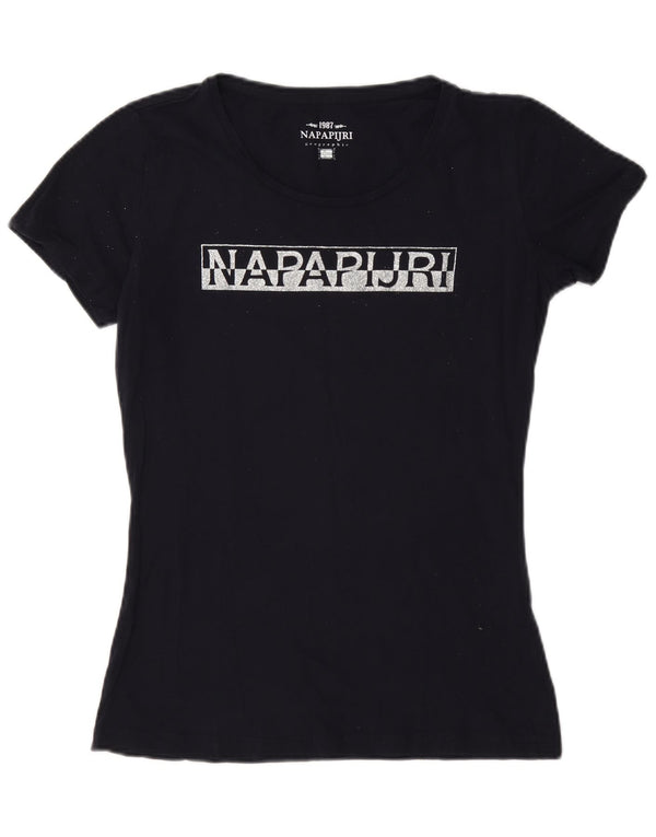 Napapijri Womens Graphic T-Shirt Top UK 10 Small Navy Blue