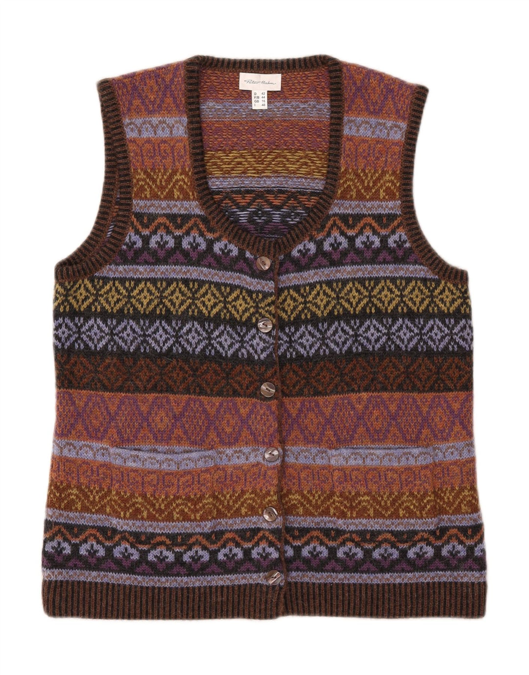 PETER HAHN Womens Sleeveless Cardigan Sweater UK 16 Large Brown Fair Isle