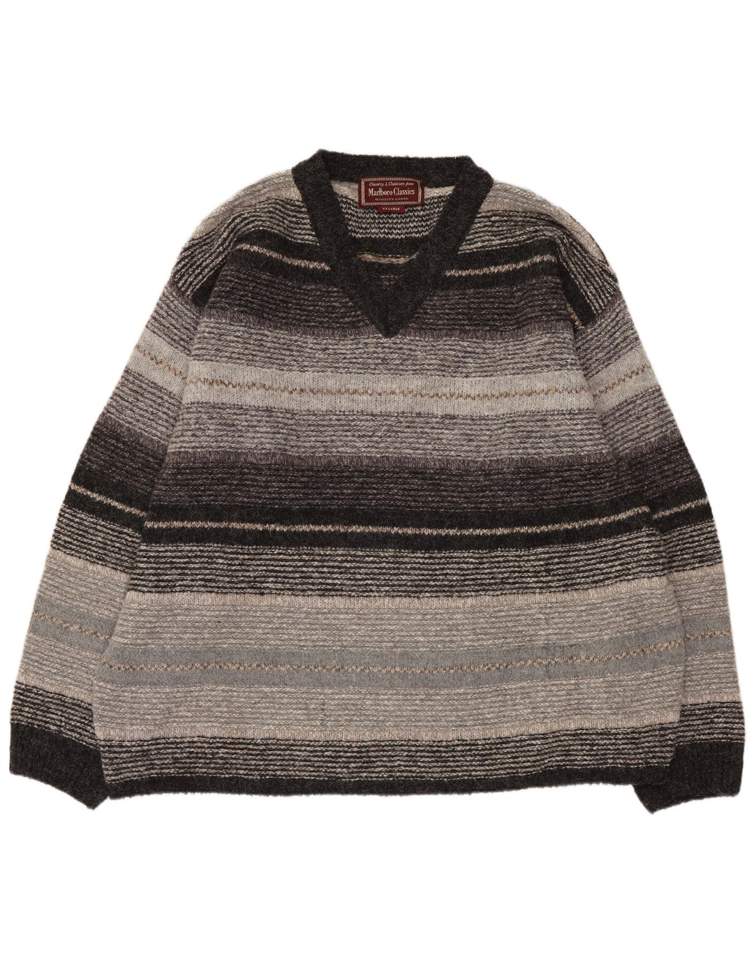 Marlboro Classics Mens V-Neck Jumper Sweater 2XL Grey Striped Wool