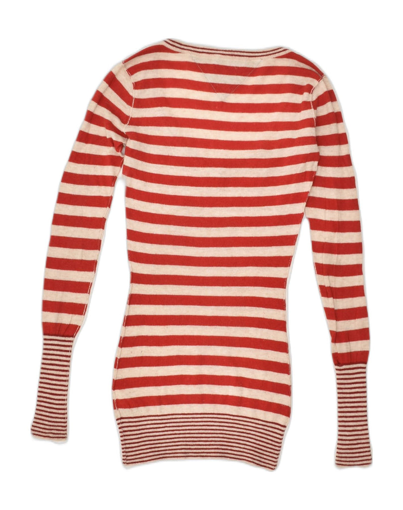 TOMMY HILFIGER Womens V-Neck Jumper Sweater UK 4 XS Red Striped Viscose | Vintage Tommy Hilfiger | Thrift | Second-Hand Tommy Hilfiger | Used Clothing | Messina Hembry 