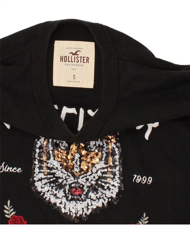 HOLLISTER Womens Graphic Crop Sweatshirt Jumper UK 10 Small Black | Vintage Hollister | Thrift | Second-Hand Hollister | Used Clothing | Messina Hembry 