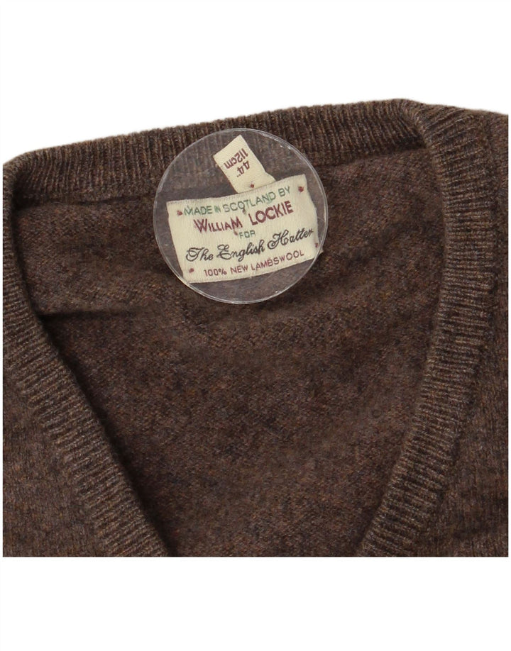 William Lockie Mens V-Neck Jumper Sweater Medium Brown Lambswool