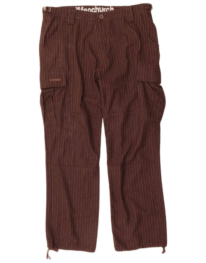 Fenchurch Mens Straight Cargo Trousers W36 L33 Brown Pinstripe Polyester