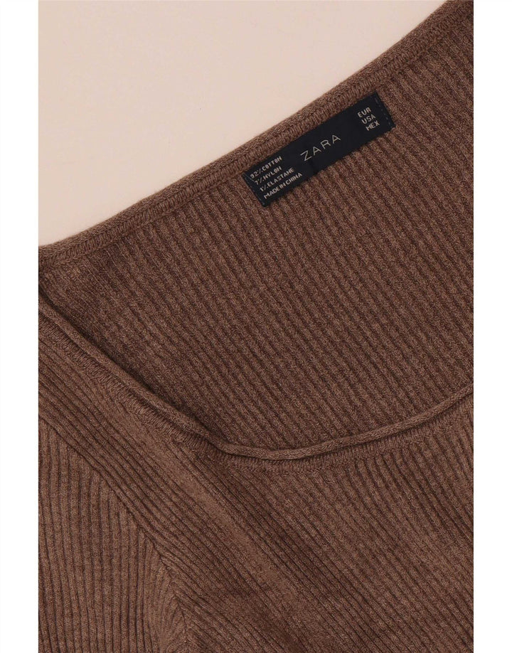 Zara Womens Top Long Sleeve UK 4 XS Brown Cotton