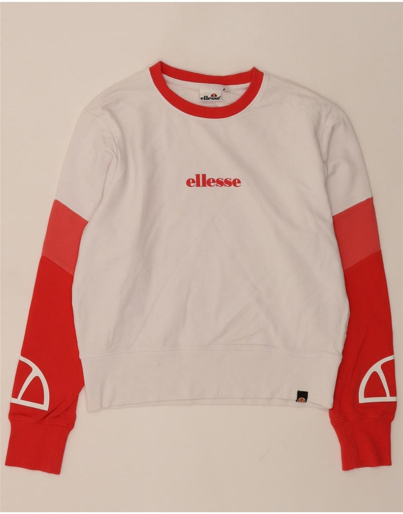 ELLESSE Womens Graphic Sweatshirt Jumper UK 16 Large White Colourblock Vintage Ellesse and Second-Hand Ellesse from Messina Hembry 
