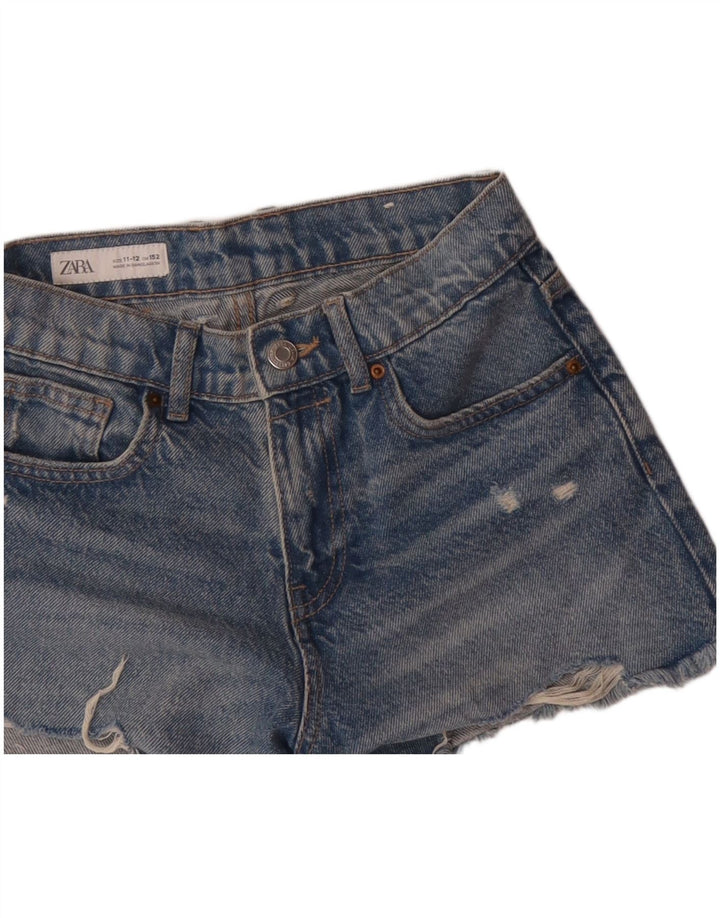 Zara Girls Distressed Denim Shorts 11-12 Years W26  Blue Cotton