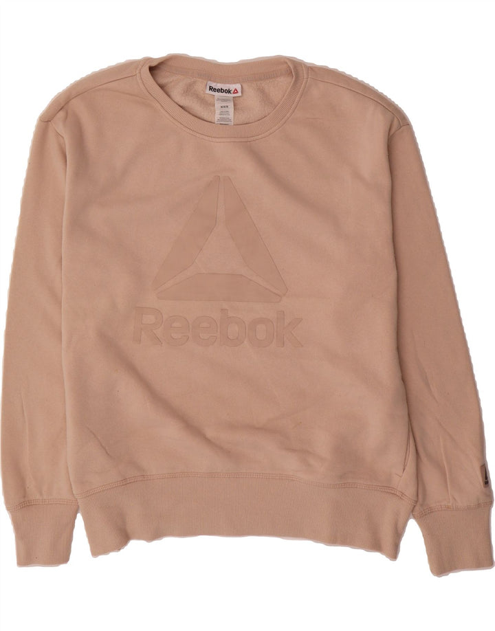 REEBOK Womens Oversized Graphic Sweatshirt Jumper UK 14 Medium Beige Vintage Reebok and Second-Hand Reebok from Messina Hembry 