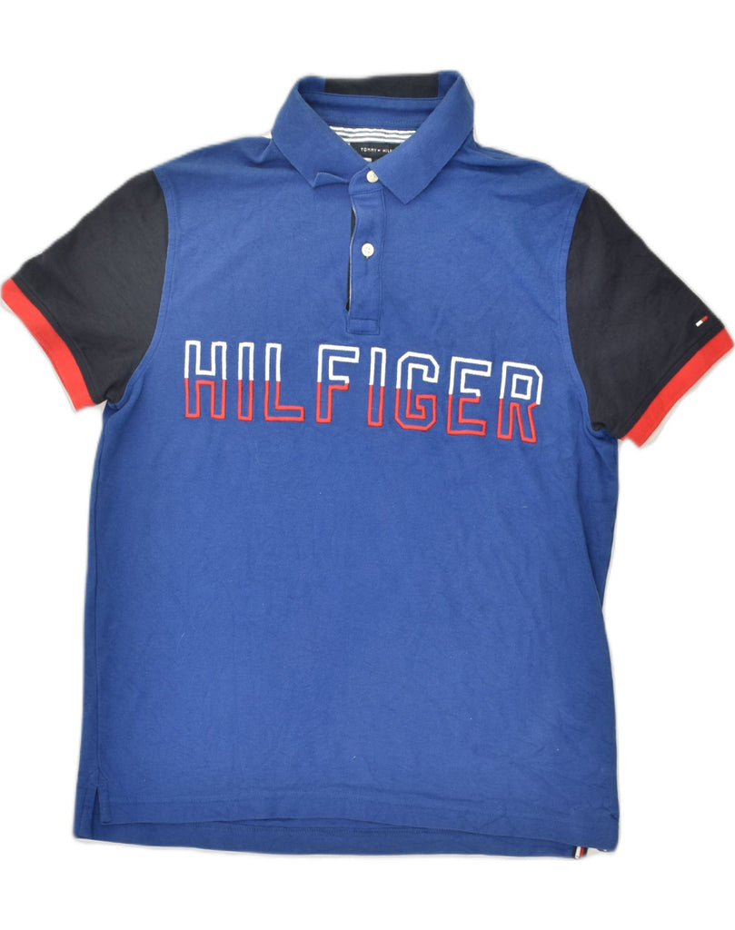 TOMMY HILFIGER Mens Graphic Polo Shirt Medium Blue Cotton | Vintage Tommy Hilfiger | Thrift | Second-Hand Tommy Hilfiger | Used Clothing | Messina Hembry 