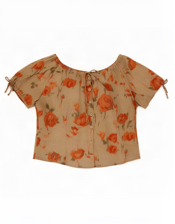 Gio Anna Womens Short Sleeve Shirt Blouse IT 46 Large Khaki Floral Linen