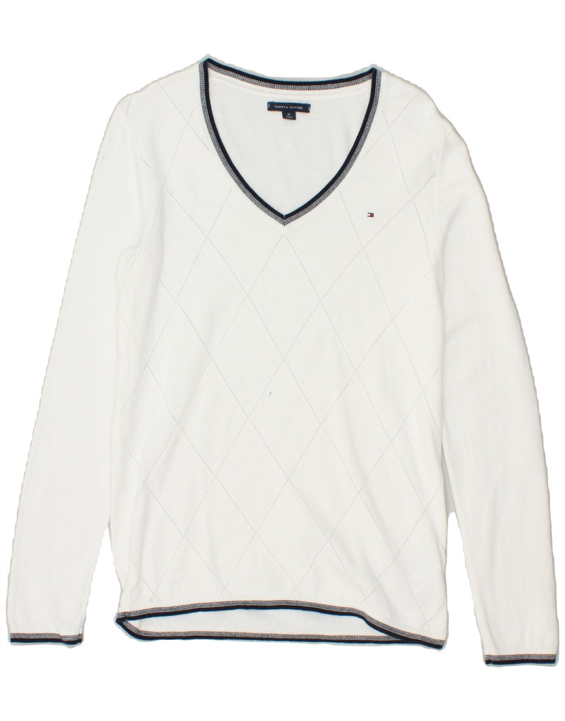 TOMMY HILFIGER Womens V-Neck Jumper Sweater UK 12 Medium White | Vintage Tommy Hilfiger | Thrift | Second-Hand Tommy Hilfiger | Used Clothing | Messina Hembry 