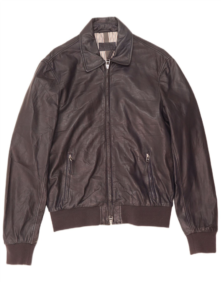 Pollini Mens Bomber Leather Jacket IT 50 Large Navy Blue Leather
