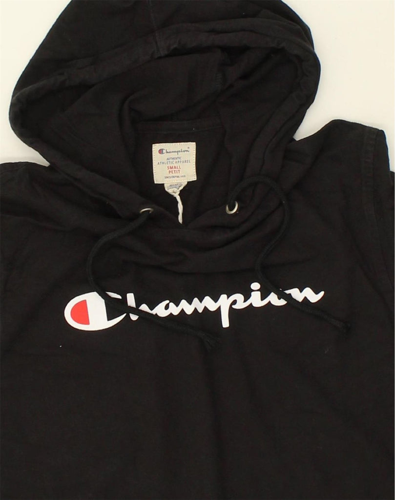 CHAMPION Womens Petit Graphic Hoodie Jumper UK 10 Small Black Cotton | Vintage Champion | Thrift | Second-Hand Champion | Used Clothing | Messina Hembry 