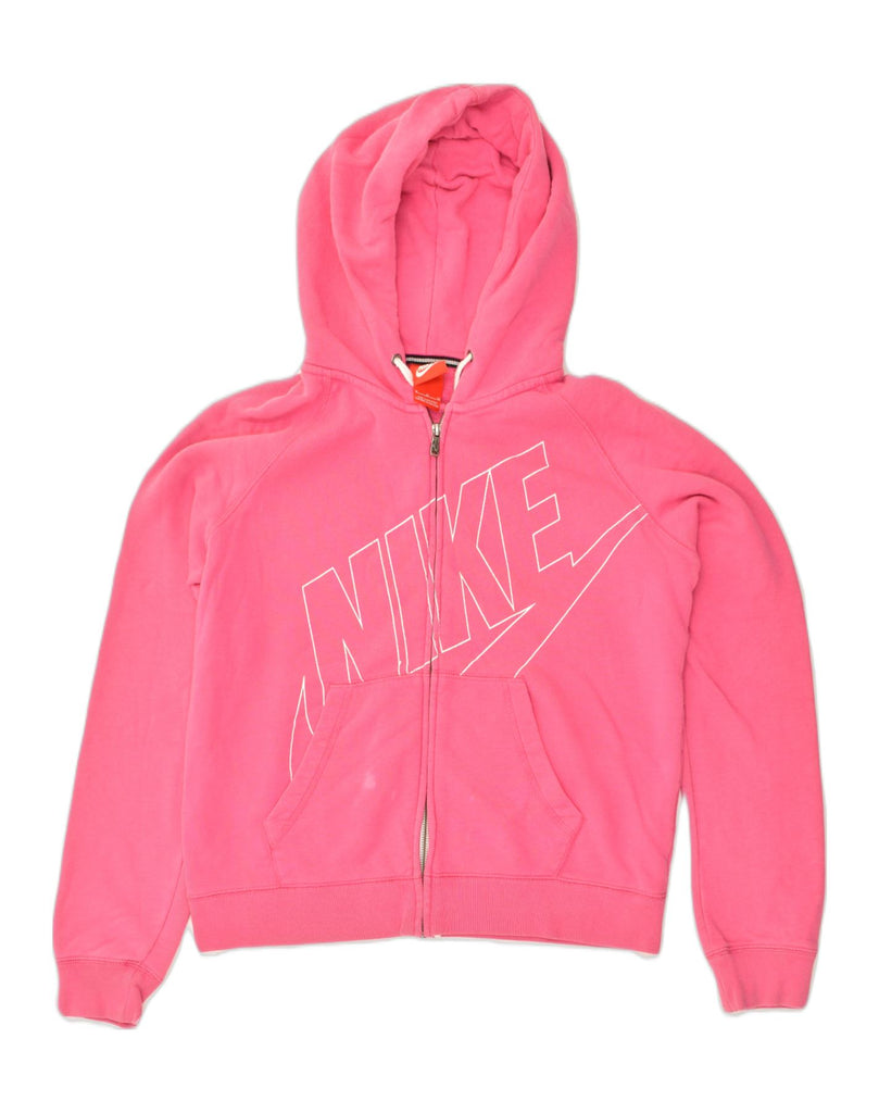 NIKE Womens Graphic Zip Hoodie Sweater UK 14 Medium Pink Cotton | Vintage Nike | Thrift | Second-Hand Nike | Used Clothing | Messina Hembry 