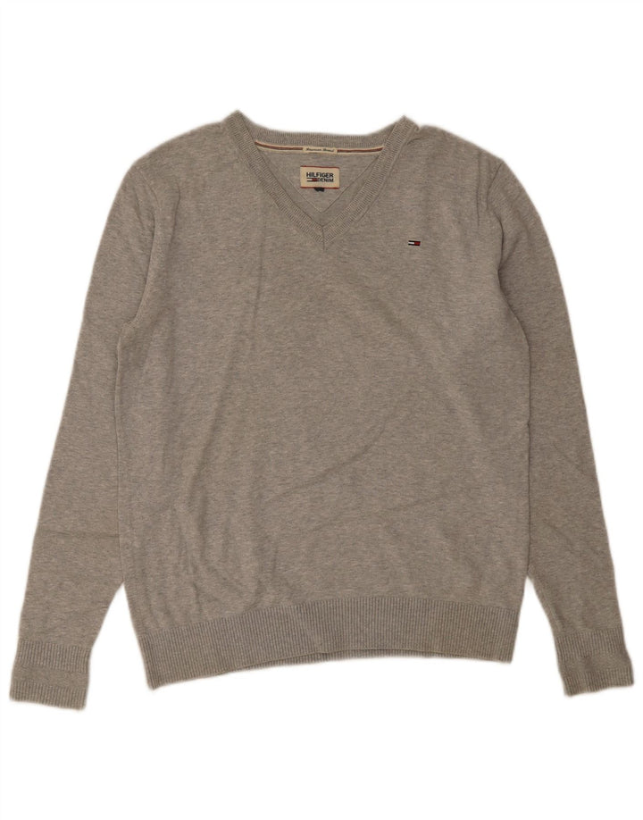 Tommy Hilfiger Mens V-Neck Jumper Sweater Large Grey Cotton