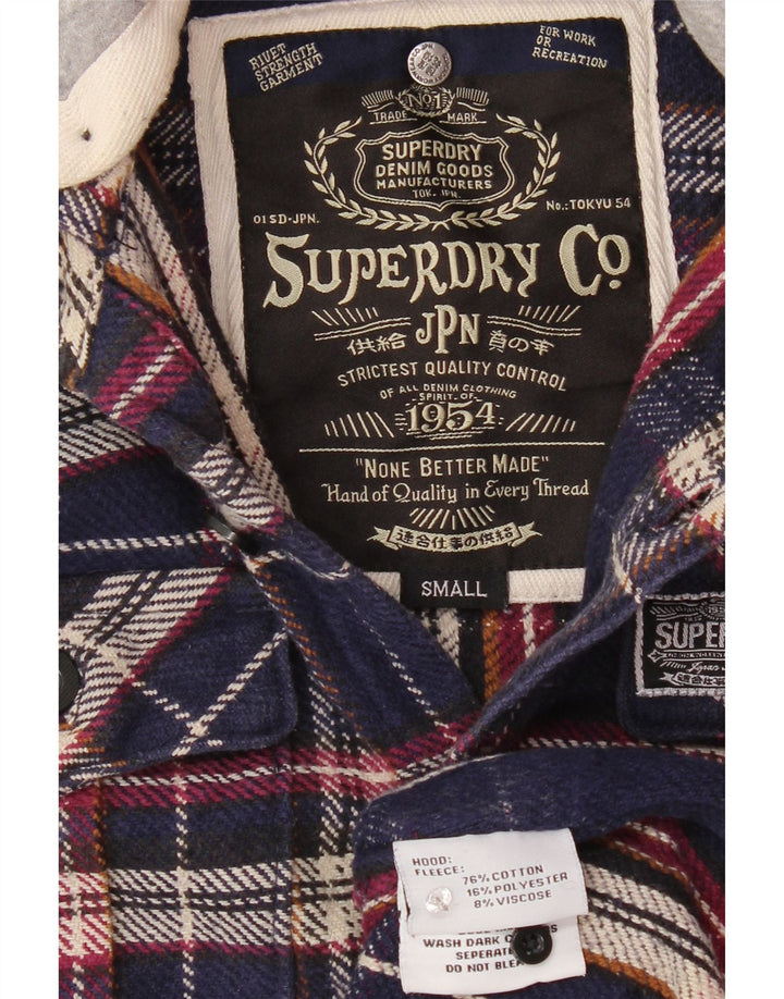 SUPERDRY Mens Hooded Flannel Shirt Small Navy Blue Plaid Cotton
