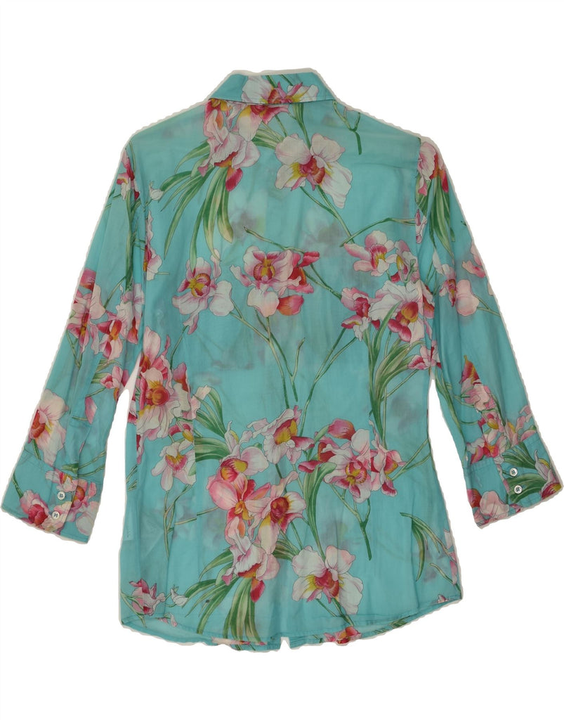 HENRY COTTONS Womens 3/4 Sleeve Shirt IT 40 Small Turquoise Floral | Vintage Henry Cottons | Thrift | Second-Hand Henry Cottons | Used Clothing | Messina Hembry 