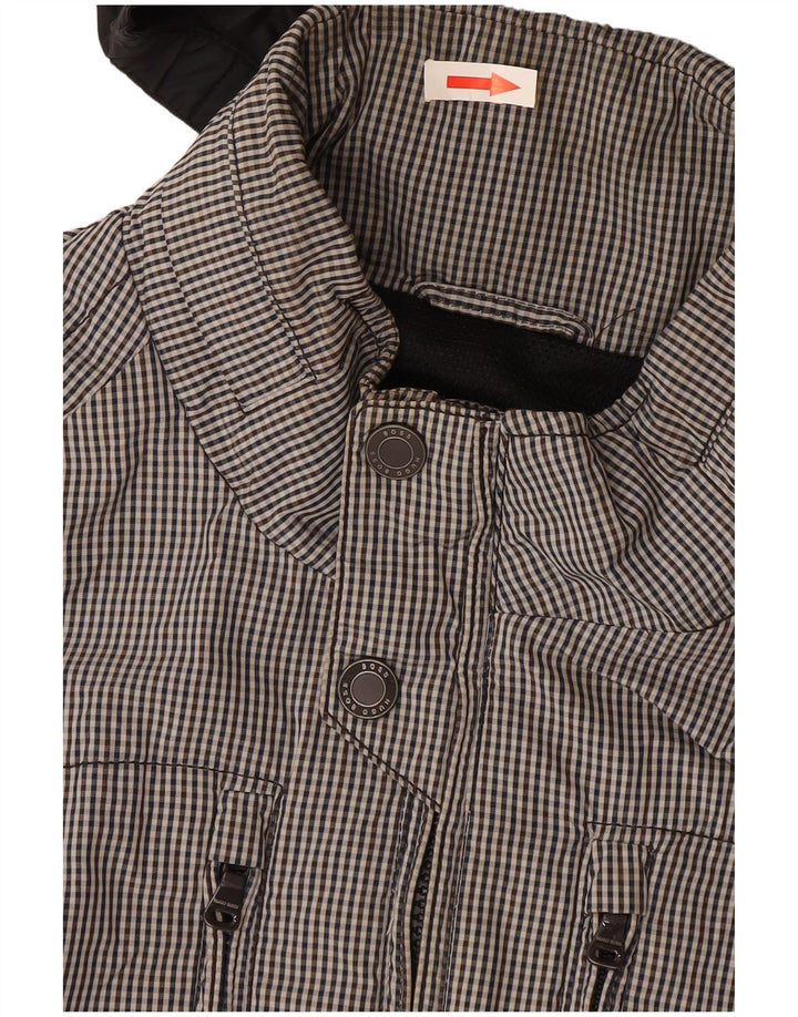 Hugo Boss Mens Hooded Bomber Jacket EU 50 Large Black Gingham Polyester