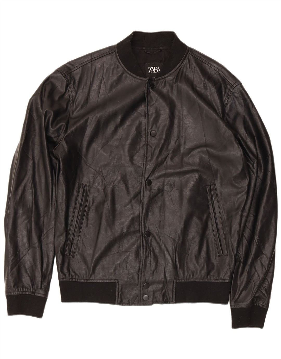 Zara Mens Faux Leather Bomber Jacket UK 38 Medium Black Polyester