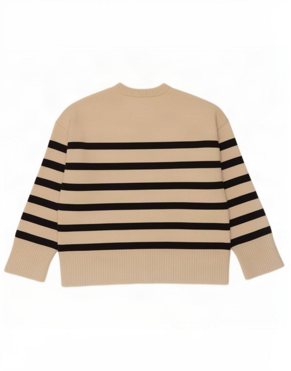 Zara Womens Oversized Crew Neck Jumper Sweater UK 16 Large Beige Striped