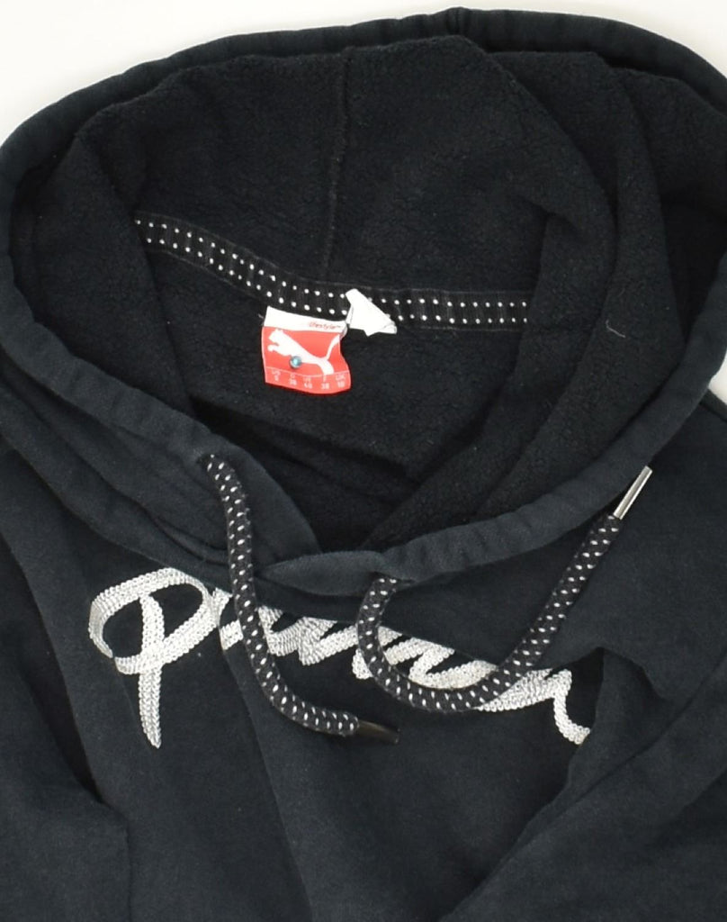 PUMA Womens Graphic Hoodie Jumper UK 10 Small Black Cotton | Vintage Puma | Thrift | Second-Hand Puma | Used Clothing | Messina Hembry 