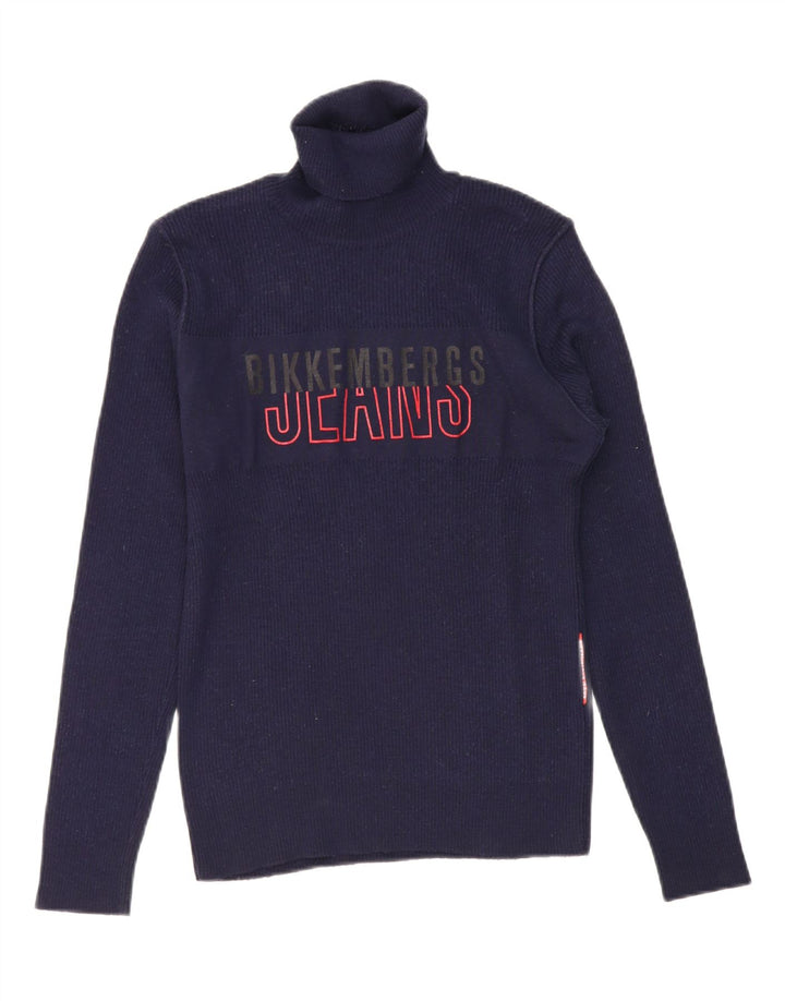 BIKKEMBERGS Mens Graphic Roll Neck Jumper Sweater Medium Navy Blue Wool Vintage Bikkembergs and Second-Hand Bikkembergs from Messina Hembry 